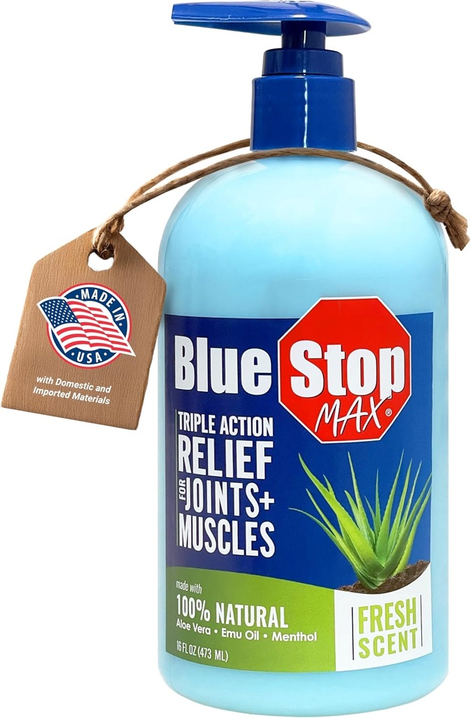 Blue Stop Max Massage Gel kehavaludele, 16 oz Pump Bottle; 3 in 1 toode leevendab kehavalu, toetab liigeseid ja toidab nahka
