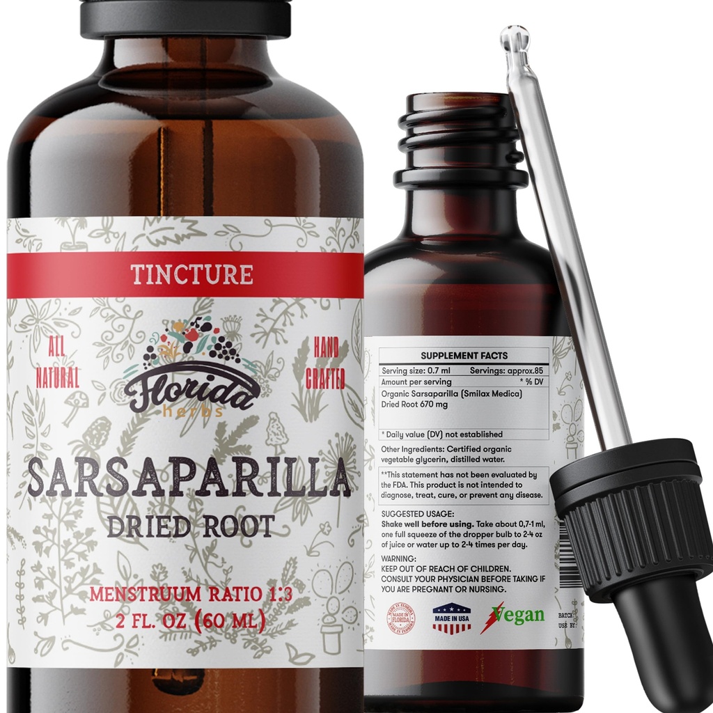Sarsaparilla tinktuur, orgaaniline Sarsaparilla ekstrakt (Smilax Medica) Kuivatatud Juur, Mitte-GMO külmpressitud orgaanilises köögiviljas Glütseriini 2 oz, 670 mg