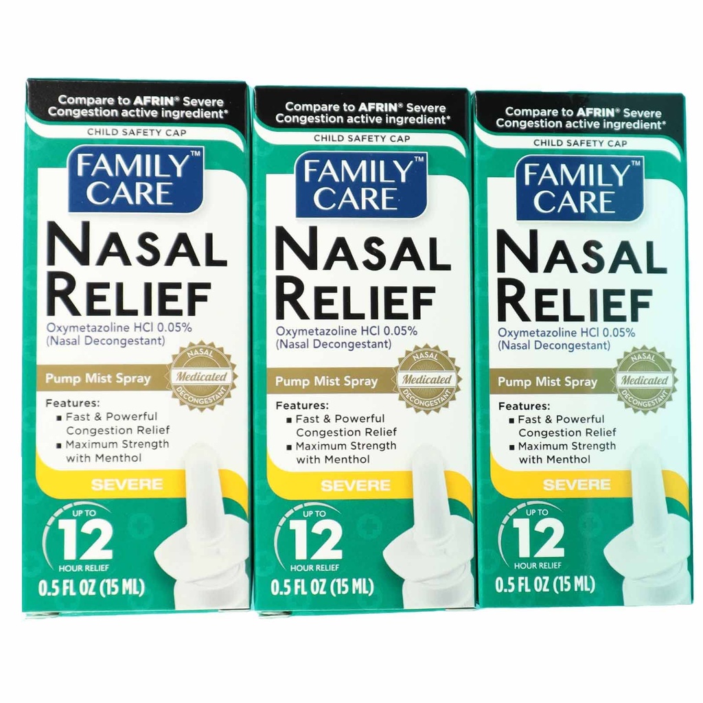 FamilyCare Nasal Relief Spray, Pump Mist, Anti-Drip, Raske ummistus, (Oxymetazoline HCI) 12 tundi, 3 Pack