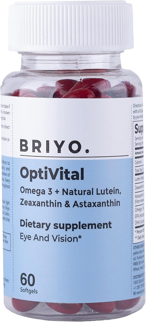 Briyo Optivital Eye Health Supplement Lutein, Zeaxanthin, Astaxanthin ja Omega 3 - toetab nägemisselgust, ekraani väsimuse leevendamist ja pikaajalist võrkkesta tervist - üks päev, 60 Softgels