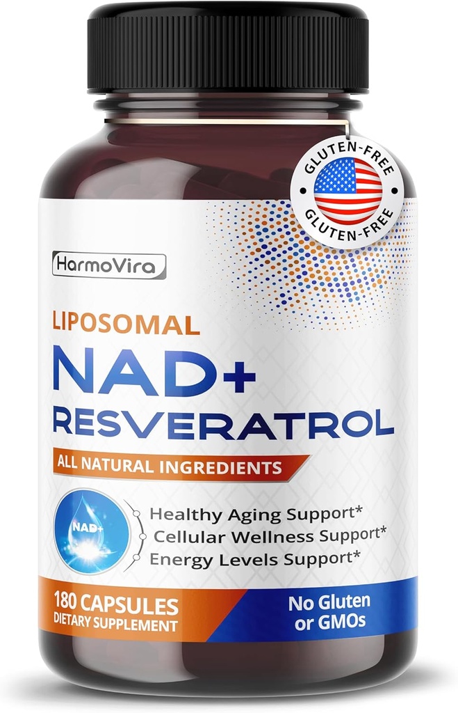 Liposomal NAD + 600mg koos Resveratrooliga 200mg rakuenergia ja tervisliku vananemise jaoks - 180 kapslit - vegan, mitte-GMO, USA Made