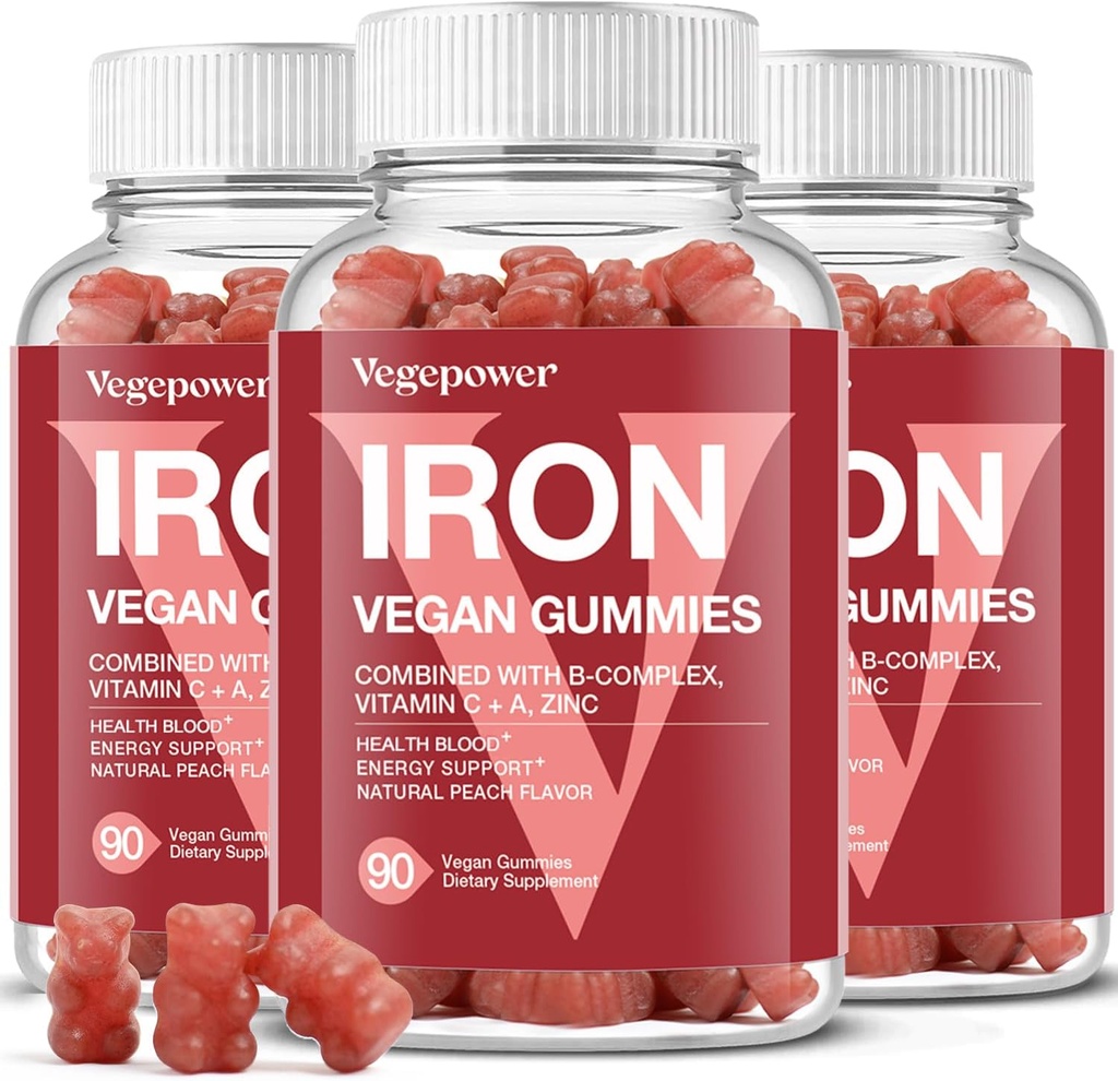 Raudkummide täiendused naistele ja lastele - multivitamiin koos rauaga vere hapniku jaoks, suurepärane maitse Gummy vitamiinid C-vitamiiniga Maxi imendumiseks - Vegan näritav, virsikumaitse (3 pakendit)