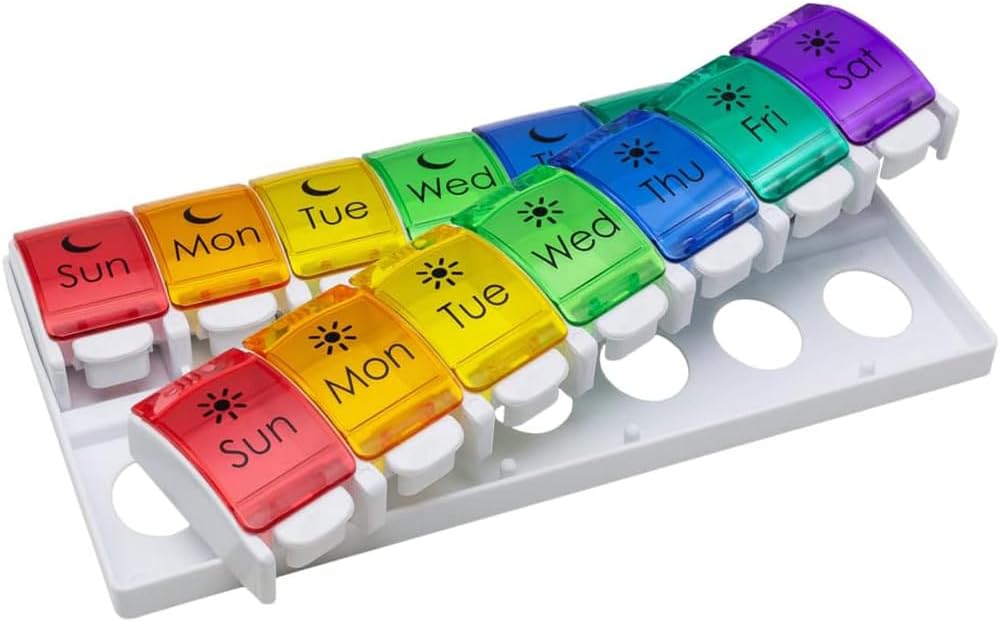 EZY DOSE Weekly (7-Day) Pill Case, Medicine Planner, Vitamiini Organizer, 2 korda päevas AM / PM, Removeabale salved, Suur Push nuppude osad, lihtne kasutada, artriit Sõbralik, Rainbow Lids, BPA tasuta