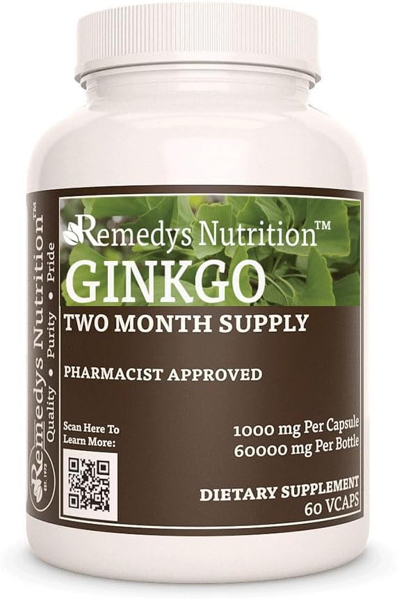 Remedy toitumine Ginkgo Biloba | 1000 mg, 60 Vegankapslit Taimne toidulisand | Kahe kuu pakkumine
