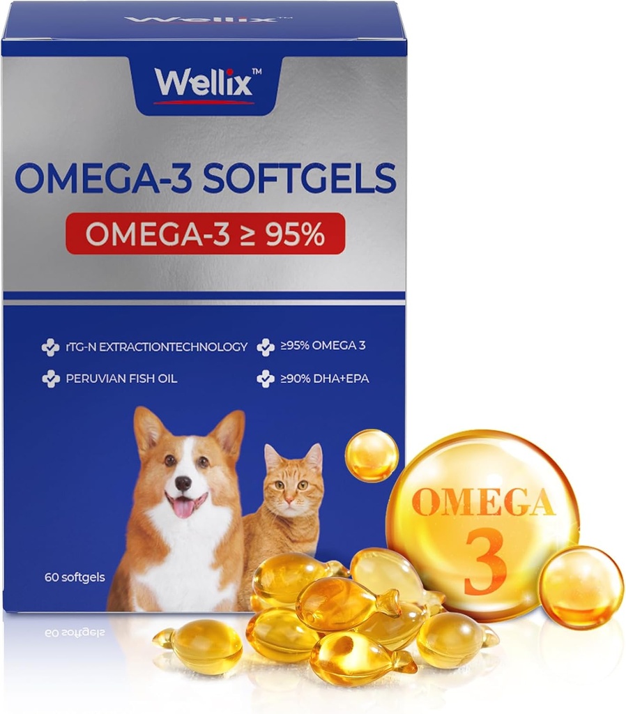 Wellix Pure Omega 3 Kalaõli koertele ja kassidele, naha- ja karvalisandid heitmiseks, südame, naha, karva, liigeste ja immuunsüsteemi tervise edendamiseks, üle 95% oomega 3, rikas EPA + DHA, 60 Softgels