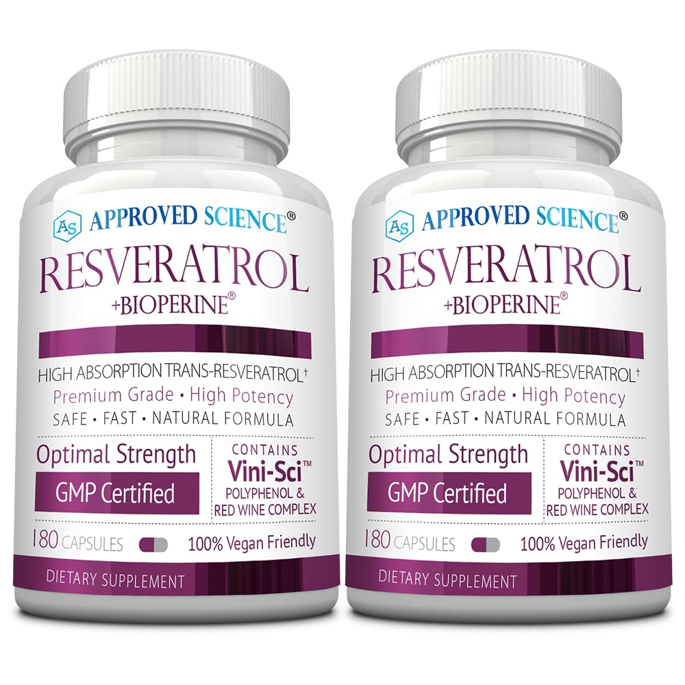 Heakskiidetud Science® Resveratrool - 1000 mg Trans Resveratrooli - 250 mg polüfenooli - 98% puhtuse tase - sisaldab bioperiini® - 380 vegan sõbralikku kapslit - 2 pudelit