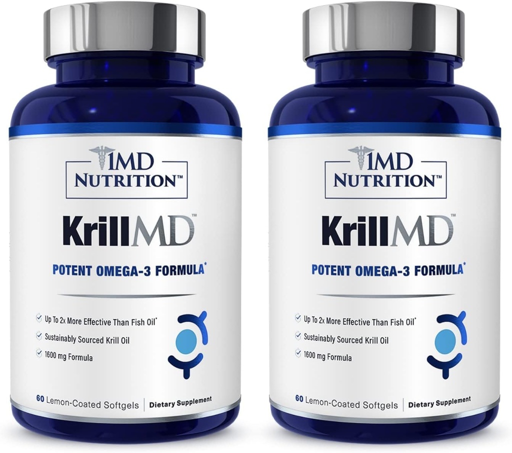 1MD KrillMD - Antarktika krillõli Omega 3 täiendus astaksantiiniga, EPA, DHA | 2X efektiivsem kui kalaõli | 60 Softgels (2-Pack)