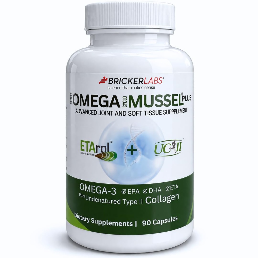 Bricker Labs Omega Cyclo - Mussel Plus UC-II, Premium NZ Green Lipped Mussel Plus UC-II Denatureerimata II tüüpi kollageen, Ultimate Joint Supplement for Joint Health and Comfort, 90 kapslit