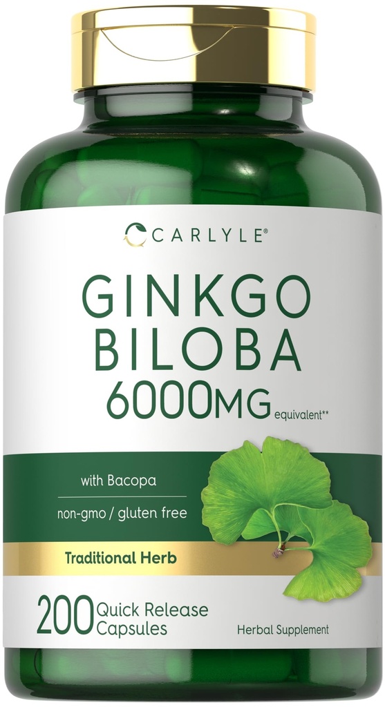 Carlyle Ginkgo Biloba Pills | 6000mg | 200 kapslit | koos Bacoba ekstrakt | ekstra tugevus, Non-GMO ja Gluteeni vaba taimsete täiendada