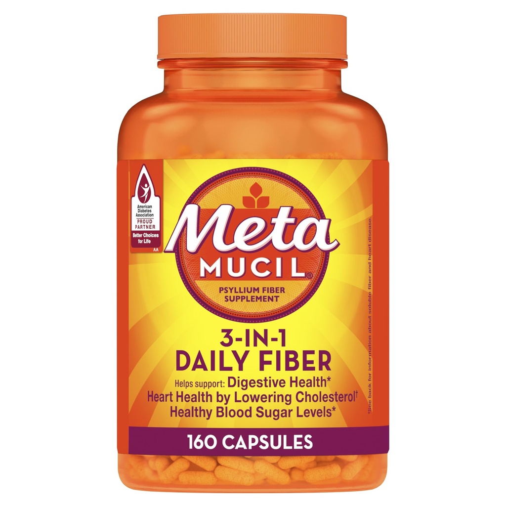Metamucil, Psyllium Husk Kapslid, 160 Kapslid, 3-in-1 Fiber Supplement, Daily Psyllium Husk Fiber Kapslid aitavad toetada seedetrakti tervist, edendades korrapärasust *, Abi täiendus Igapäevane kiudaine tarbimine