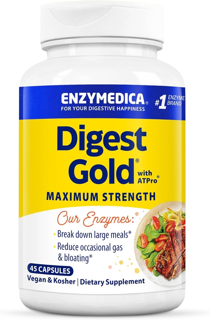Enzymedica Digest Gold + ATPro, Maksimaalne tugevus Seedeensüümid, Aitab Seedida Suuri Toite Kiireks Puhumiseks, 45 Kapslit