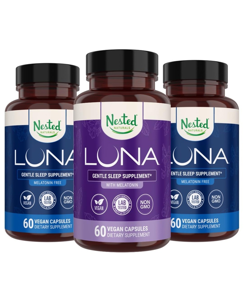 Pesastatud looduslikud Luna melatoniinivaba (120 vegankapslit) ja Luna looduslik uneabi melatoniiniga (60 vegankapslit) sügava une jaoks | Mitte-Habit moodustamine