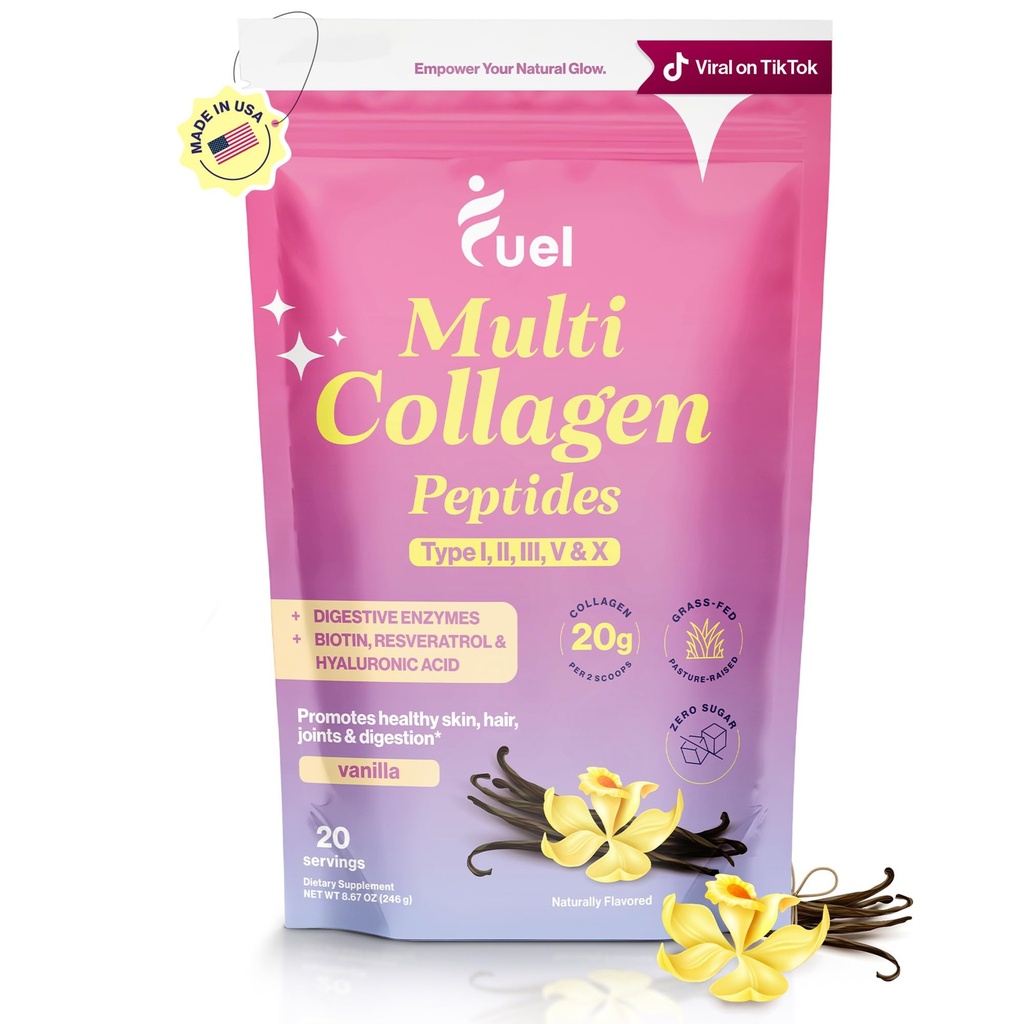 Kütus Multi kollageenpeptiidide pulber – 20 g hüdrolüüsitud kollageen I, II, III, V & X juustele, nahale, küüntele ja liigestele – parem imendumine – Keto & Gluteenivaba, Prantsuse Vanila 8.67oz