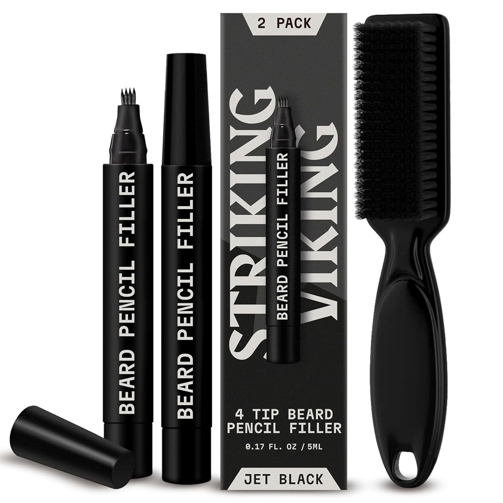 Viking Beard Pencil Filler meestele - Pakend 2, Jet Black - Veekindel Pikaajaline habe Pen - 4-astmeline näpunäide Gap Remont & Barber Pencil - Pehme Bristle Brush & Pen Filler