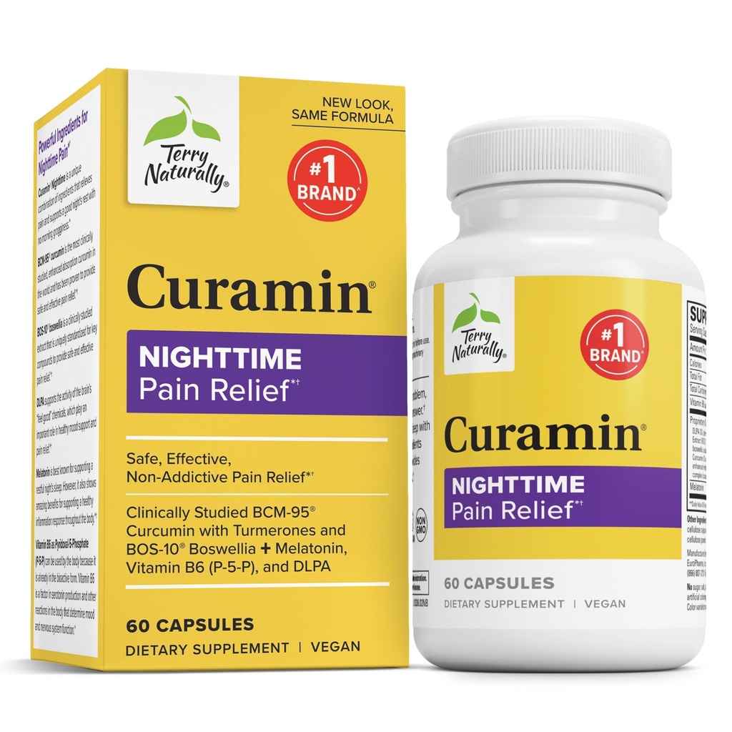 Terry Naturally Curamin Nighttime - Curcumin & DLPA kapslite täiendus - mitte-GMO täiendus tervisliku une ja lõõgastumise toetamiseks - taimsed toidulisandid melatoniiniga - 60 kapslit