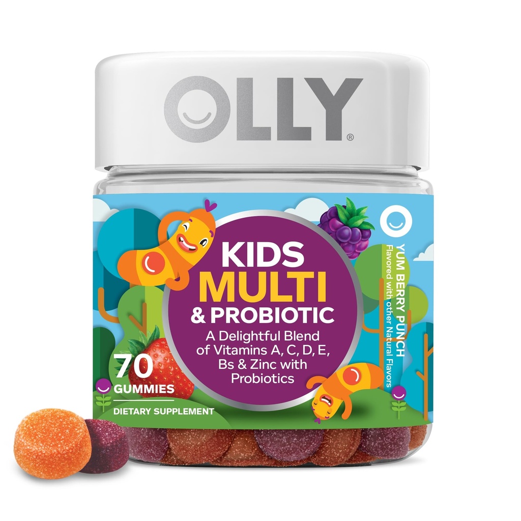 OLLY Kids Multivitamiinid ja probiootiline nämmy, seedetrakti tugi, vitamiinid A, D, C, E, B, tsink, närimislisand, marjamaitseline, 35 päeva pakkumine - 70 loend