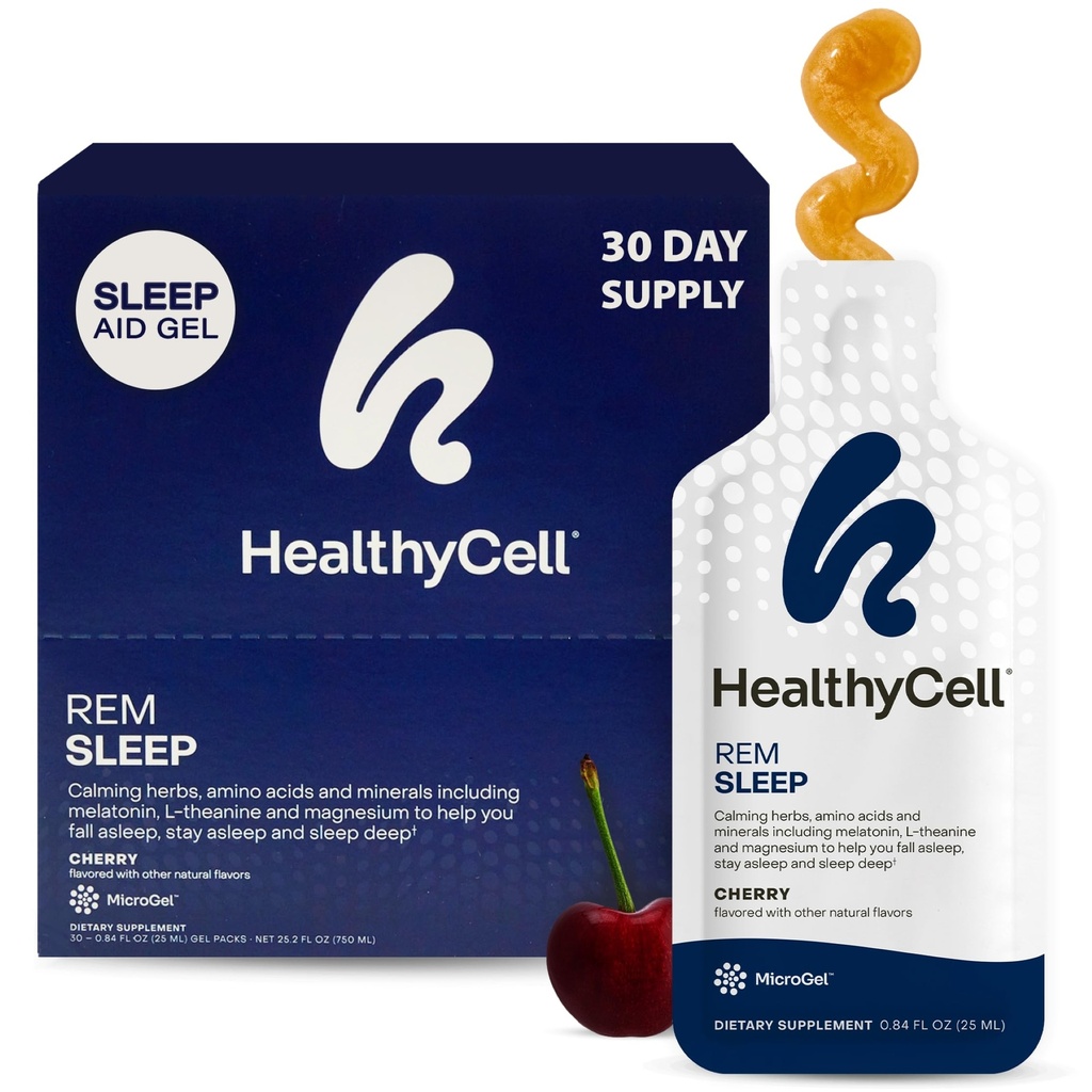 Healthycell REM Sleep Aid Supplement täiskasvanutele - Vedel Gel Extra Tugevus Sleep Supplement melatoniini, magneesiumi, L-Theanine, GABA & Natural Calming maitsetaimed - 30 Gel Packs, Kirs Maitsestatud