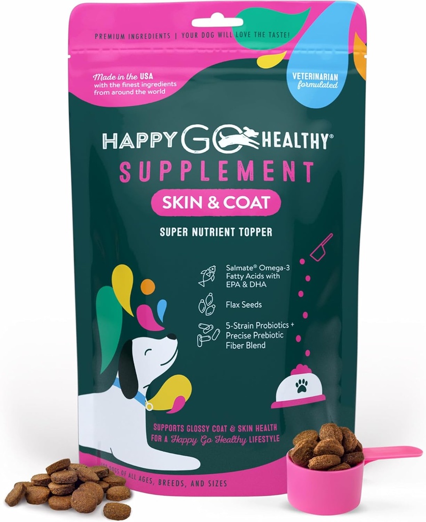 Naha- ja mantlilisandid koertele | Koer sügeleb nahale ja soodustab läikivat nahakatet koertele | rikas Omega 3 Kõik-looduslikud koostisosad Maitsev Kibble Dog Food Topper | 60 Count Pack