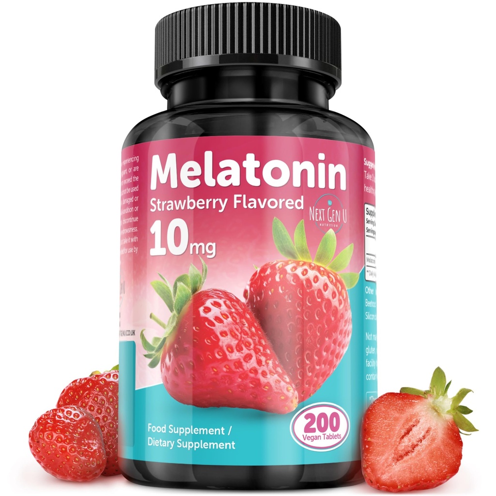 Melatoniini tabletid - 10 mg toidulisand - Maasikas Maitsestatud - 200 Vegan Tabletid - NextGenU