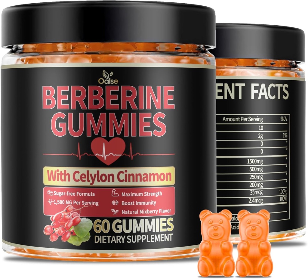 Berberine GLP-1 Gummies koos Berberine HCI, Piimaohakas, Ceylon Cinnamon, PlusChro mium meestele ja naistele, energia Boost, keha tugi, suhkruvaba (60 CT,1 Pack)