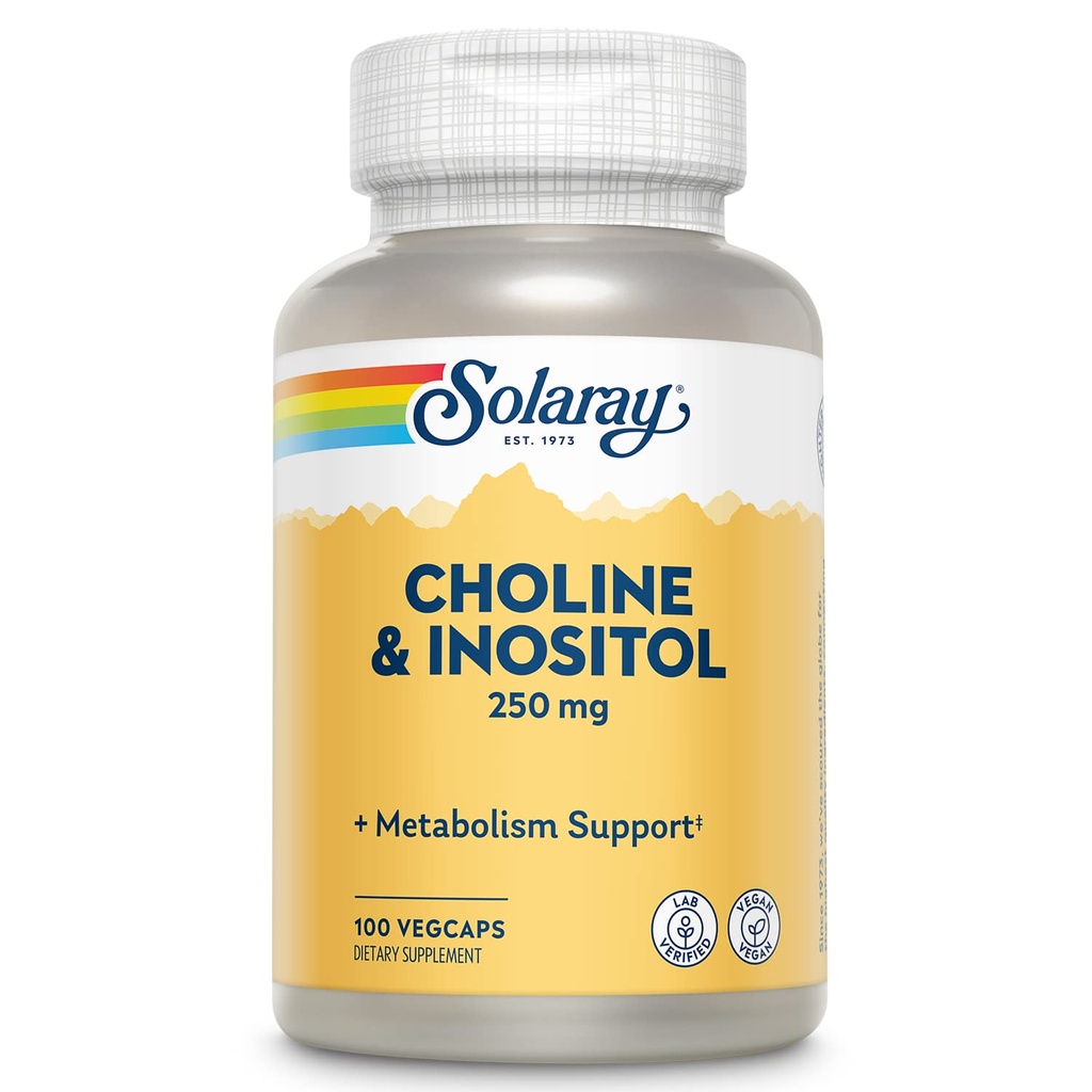 SOLARAY koliin & inositool 250 mg | Kahe toitaine kombinatsioon tervisliku rasva metabolismi jaoks, ajufunktsiooni tugi | 100 VegCaps