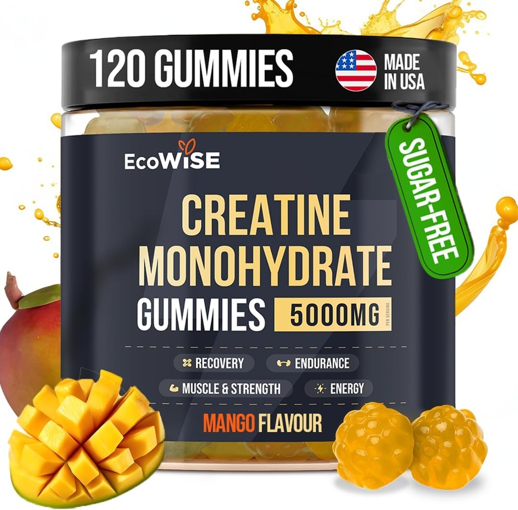 EcoWise Wellness Kreatiin Monohüdraat Kummid 5000 mg, Mango Maitse, 120 Suhkruvaba Vegan Chews, Kreatiin Täiendus igapäevaseks rutiiniks