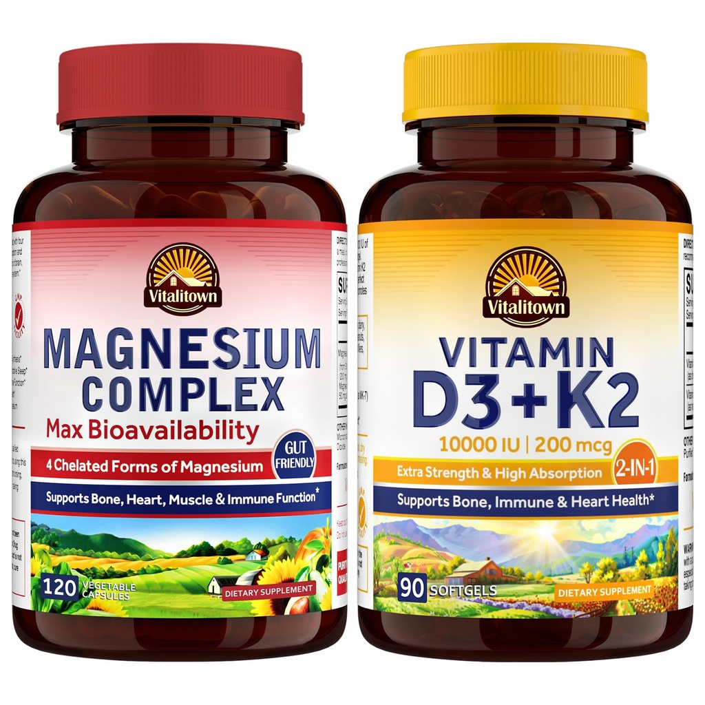 Vitalitowni magneesiumkompleks ja vitamiin D3 K2 komplekt (2. pakk) | luude südame immuunsuse ja lihaste jaoks | magneesiumglütsinaat, 10000IU D3, MK-7 | 120 Mag Caps & 90 D3 Softgel