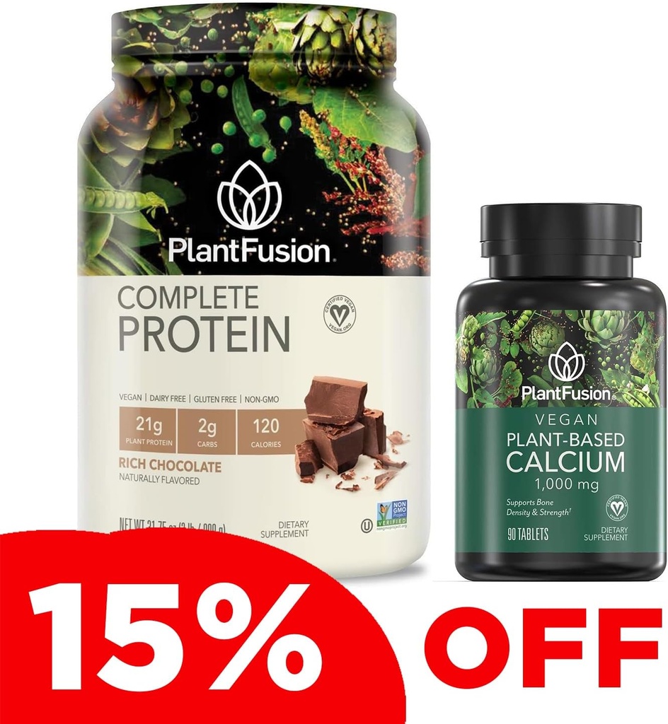 PlantFusion Complete Vegan Protein Powder & Calcium Bundle - taimse valgu pulber BCAA-de, seedeensüümide ja hernevalguga