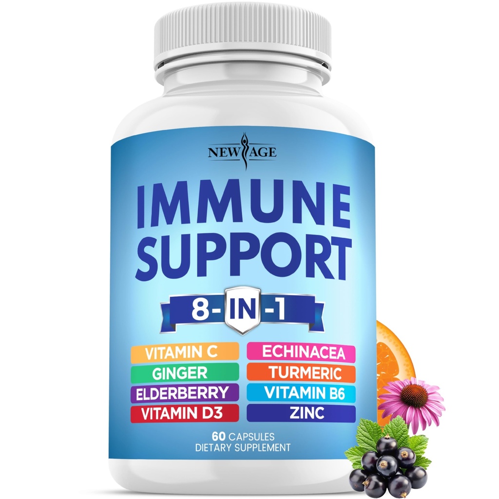 NEW AGE 8 in 1 Immune Support Booster Supplement koos Echinacea, Vitamiin C ja tsink 50mg, Vitamiin D 5000 IU, Kurkumiin & Ingver, B6, Elderberry 60 Count (Pack of 1)