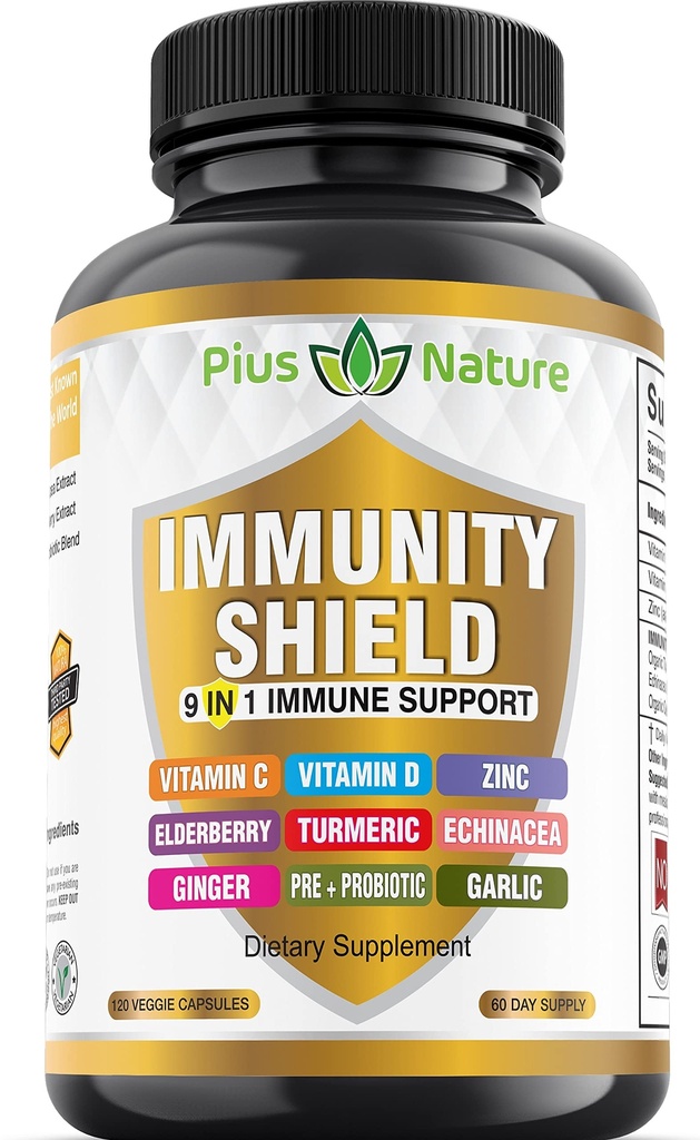9-in-1 immuuntoetus C-vitamiin (1000mg), D3-vitamiin (5000 RÜ), tsink (22 mg) koos leedrimarja, kurkumi, ehhinaatsia, ingveri, küüslaugu ja pre + pro-biootikaga serveerimise kohta (120 kapslit pudeli kohta - 2 kuu pakkumine)