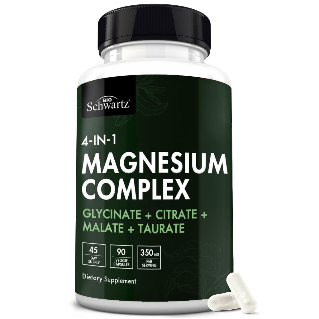 BioSchwartz Magneesium Complex Supplement (90 kapslit) 350mg Magneesium Glütsinaat tsitraat Malaat ja taurate serveerimine tervete närvide lihaste südame une tugi (Vegan, Gluteenivaba, mitte-GMO)