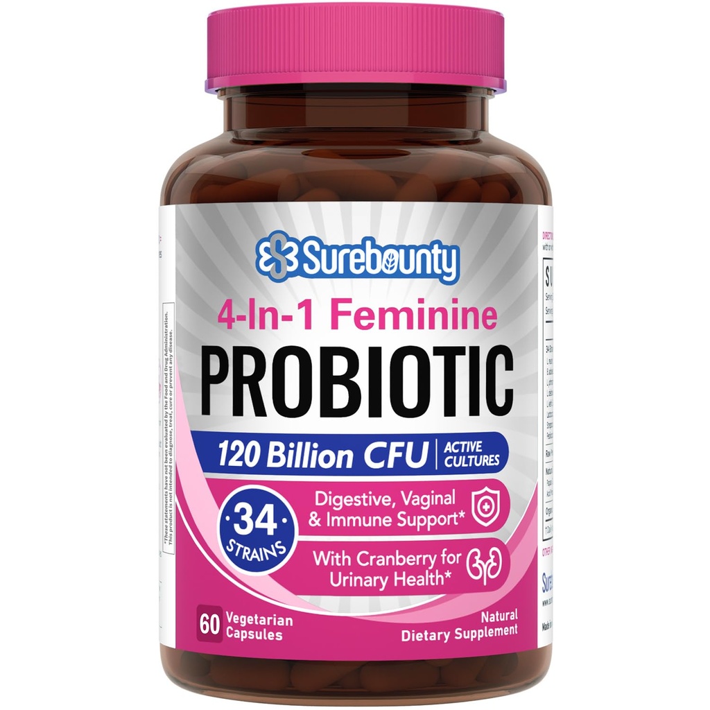 Probiootikumid naistele, 120 miljardit CFU 34 tüved, prebiootikumid, seedeensüümid, Jõhvikas, 4-in-1 naiselik probiootikum, seedetrakt, vaginaalne, immuuntoetus, 60ct