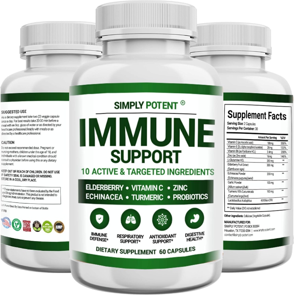 Immune Support Supplement, 10 in 1 Immunity Booster Blend of Elderberry, vitamiin C, tsink, Echinacea, kurkum, probiootikumid ja antioksüdandid immuunsüsteemi kaitse, hingamisteede ja seedetrakti tervise, 60 pillid