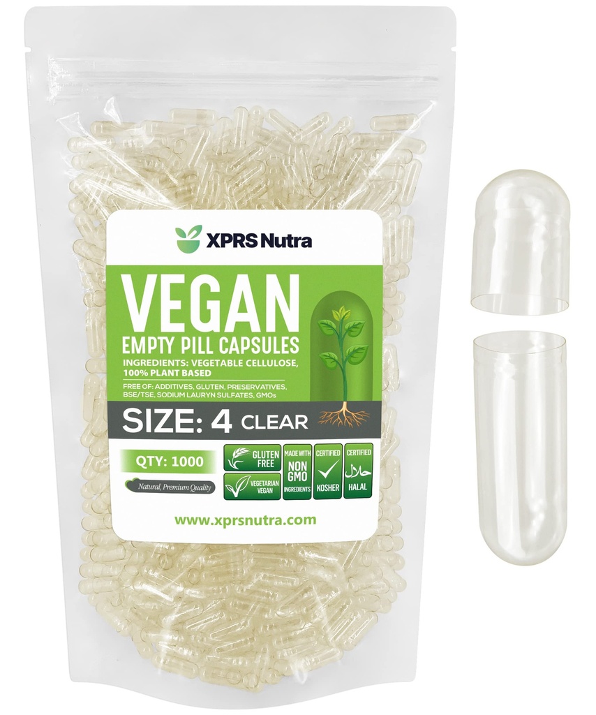 XPRS Nutra suurus 4 Tühja kapslit - 1000 loe väikest selget tühja vegankapslit - taimetoitlased pillid - DIY köögiviljakapsli täitmine - Täidetav Do-It-Yourself Veggie kapslid toidulisandite jaoks