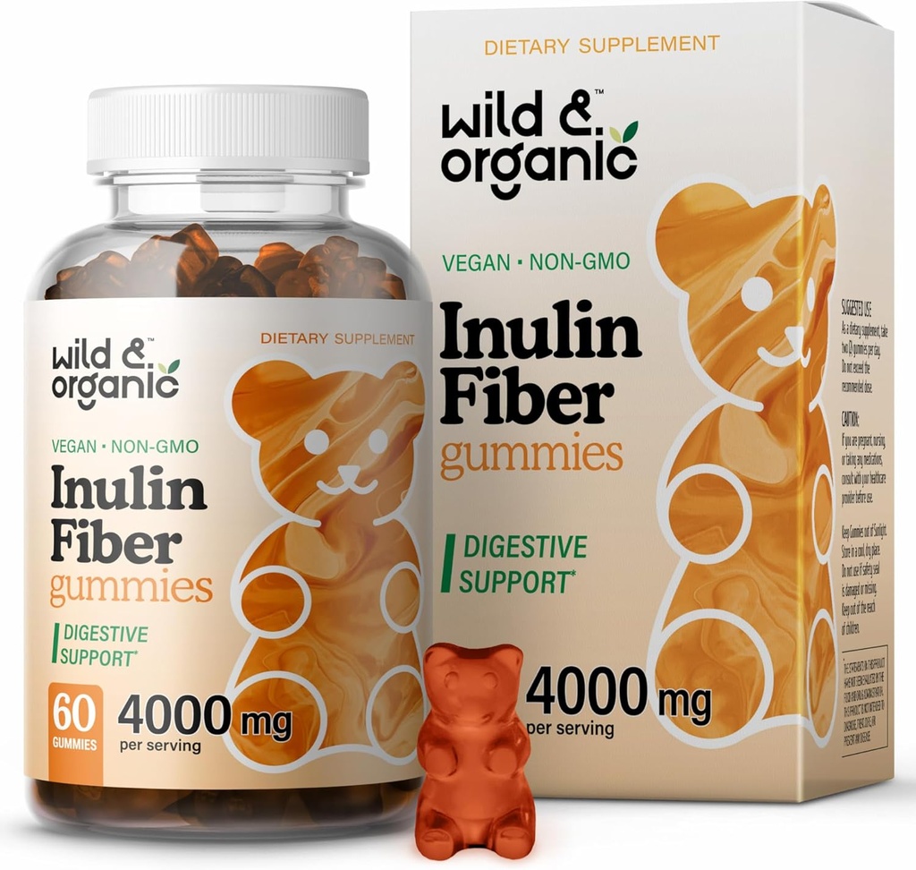 Wild & Organic Inulin Fiber Gummies 4000mg - Seedetrakti tugi w/Chicory Juur - Lahustuv Fiber Supplement w/Inulin Powder - Soolestikutoetuse prebiootikumid - 60 Prebiootikumide Gummies