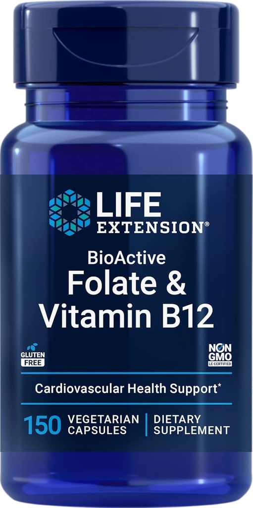 Elu pikendamine Bioaktiivne folaat ja vitamiin B12, 150 taimetoitlast kapslit - mitte GMO, gluteenivaba toidulisand
