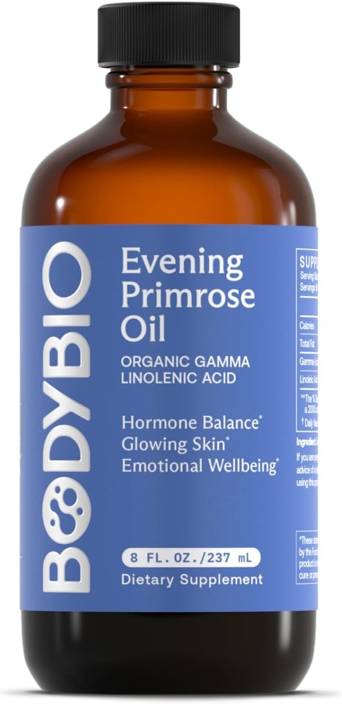 BodyBio Evening Primrose Oil - Natural Gamma Linolenic Acid terve naha ja hormoonide tasakaalu - Non-GMO, Cold Pressed - 8oz