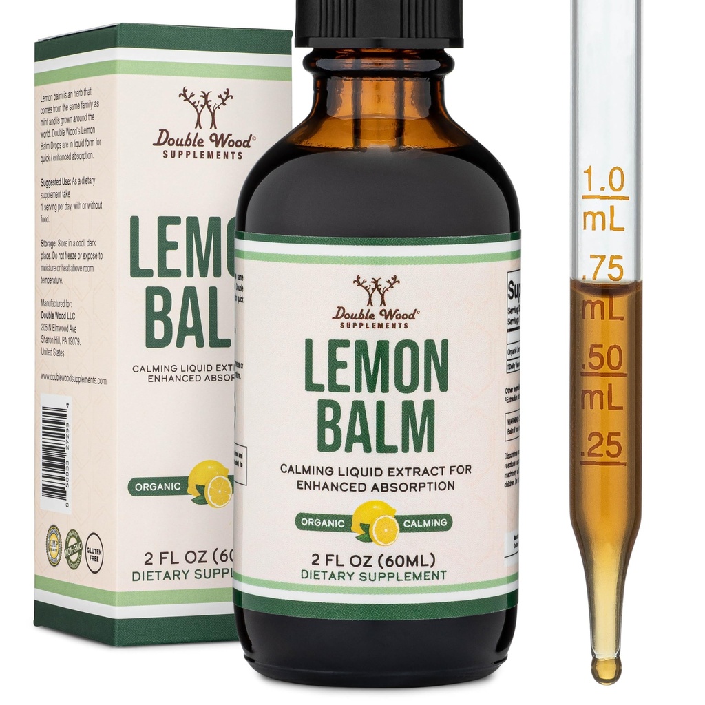 Double Wood Supplements Orgaaniline Sidrun Balm Tinktuur - seedimiseks ja lõõgastumiseks 590mg - 2FL OZ, 120 serveerimist (parem imendunud kui kapslid, suurepärane Sidrun Balm Tee)