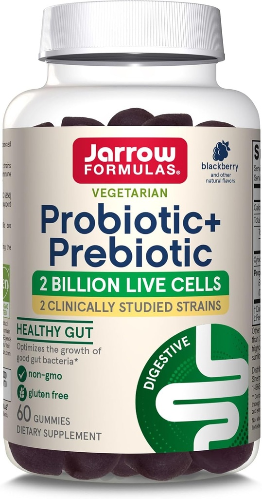 Jarrow valemid Probiootikum + Prebiootiline toidulisand, seedetrakti tervis, soolestik Flora + immune tervis - 2 miljardit CFU - 2 kliiniliselt uuritud tüved - 60 Gummies - Blackberry Maitse