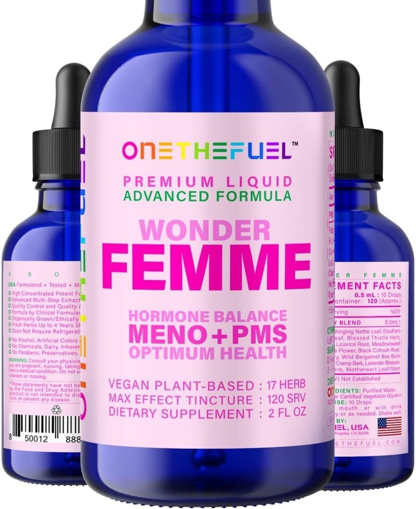 Wonder Femme Plant-Based Hormone Balance Menopause Hot Flashes Relief Support 100% Natural 17 Herbal Women Estrogen Health Supplement Dong Quai Vitex + Fast Absorb Tincture 2 oz. Liquid