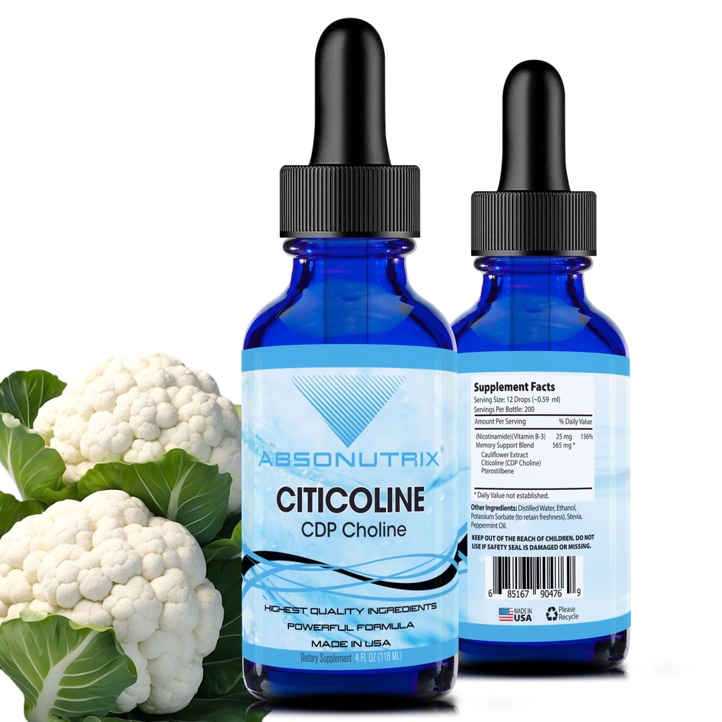 Absonutrix Citicoline 590 mg, 4 Oz Bottle, 200 Servings, Made in USA, Quick Absorption, Quality Potent Ingredients, Non-GMO, GMP Certified, Julmusevabad tooted