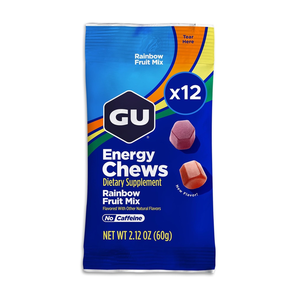 GU Energy Chews, Rainbow Mix Energy Gummies koos elektrolüütidega, piimavaba, on-The-Go energia iga treeningu jaoks, 12 kotti (24 teenindust kokku)