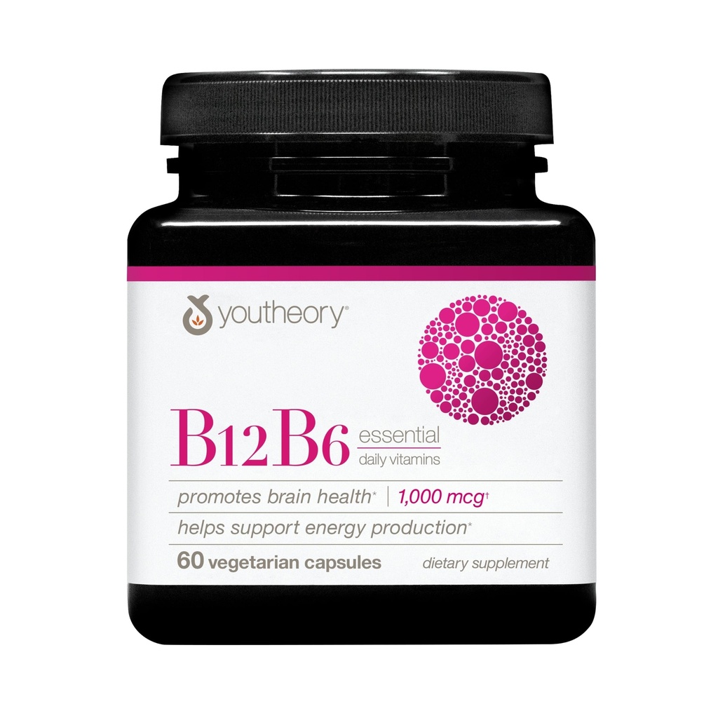 Youtheory B12B6 - Vegan Vitamiin B6 ja Vitamiin B12 - pakub aju tervise, energia ja immuunsuse toetust * - Piima-, soja- ja gluteenivaba - 60 taimekapslit
