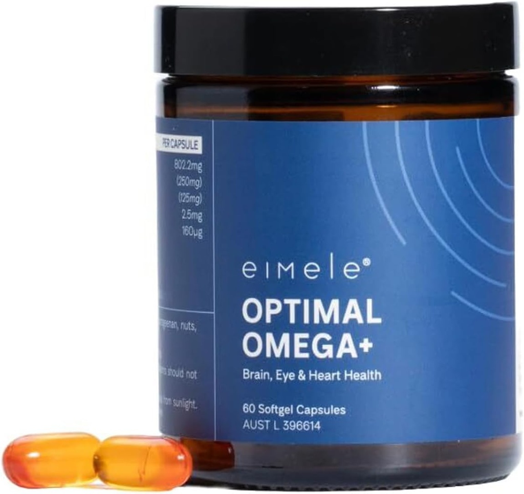 Eimele | Optimaalne oomega+ | Taimepõhine oomega-3 EPA & DHA | Aju, silmade ja südame tervise toidulisand | Kognitiivse funktsiooni ja heaolu antioksüdandi tugi | Mitte-GMO | Vegan | 60 pehmegeeli kapslit