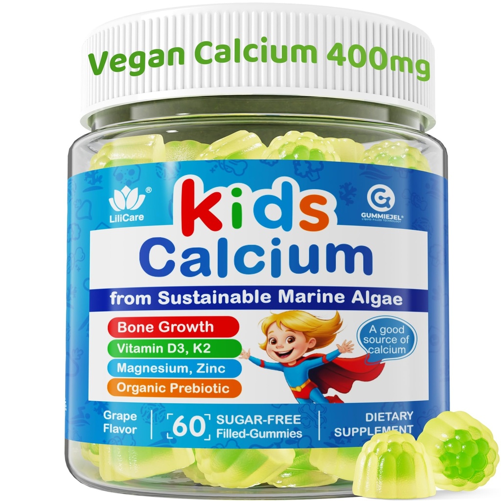 Lapsed Kaltsiumkummid + Vitamiin D3 K2, Magneesium, Tsink, Ekstra Absorbtsioonivetikad Kaltsiumilisandi Lastele Õrnalt Magu, Luud, Hambad, Lihased, Aju, Suhkruvaba Näritavad Lapsed Vitamiinid 4+, 60 Loeb