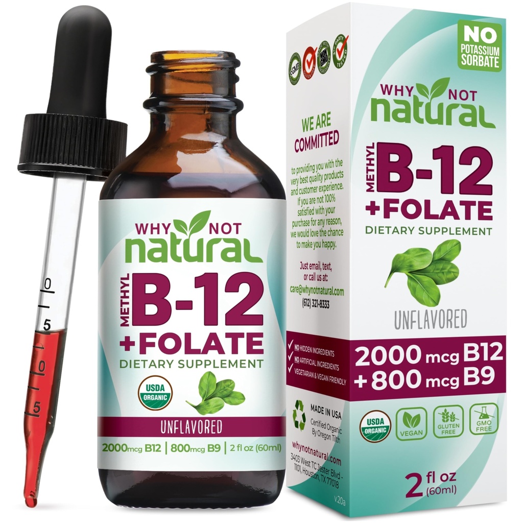 Miks mitte looduslik vitamiin B12 Vedel Plus Folaat - Orgaaniline sublingvaalne ekstra tugevus Vegan tilgad - Metüüllisandiga Folinic