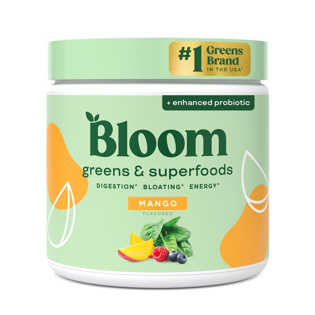 Bloom Toitumine Superfood Rohelised Pulber, seedeensüümid probiootikumide ja prebiootikumidega, soolestiku tervis, Bloating Relief naistele, Chlorella, Green Juice Mix peedi juure pulbriga, 30 SVG, Mango