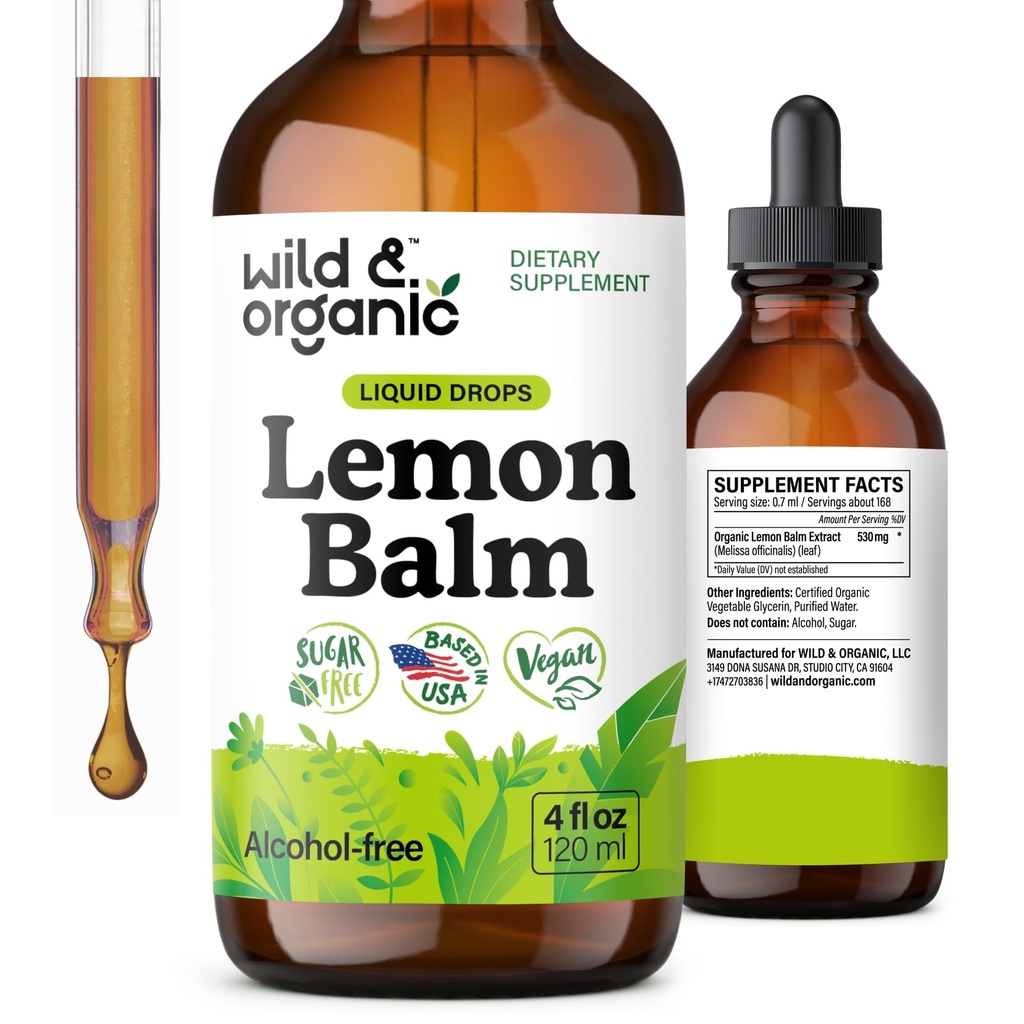 Wild & Organic Sidrun Balm Tinktuura - Mood Support Supplement - Melissa Lemon Balm Leaf Ekstraktitilgad - Vegan, Suhkru Ja Alkoholivaba Rahuldamise Lisa - 4 fl oz