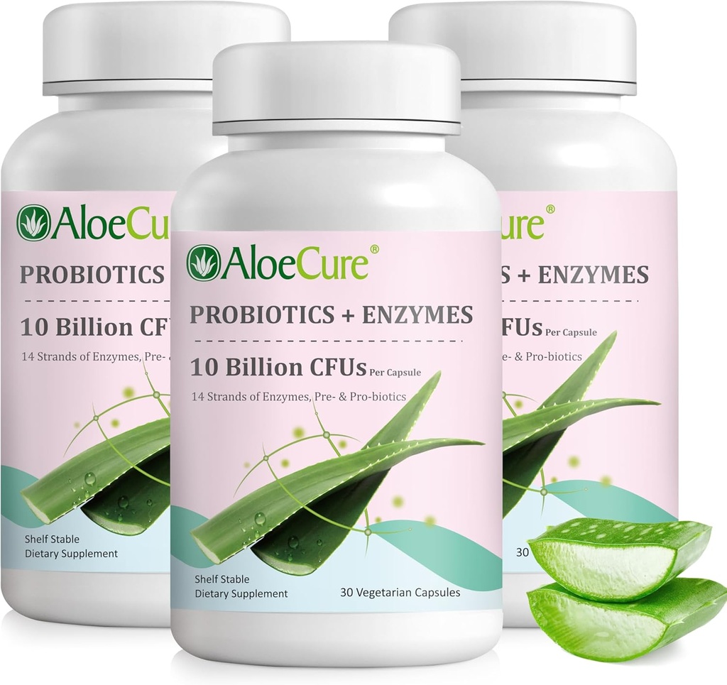 AloeCure Daily Probiootikumid 10 miljardit CFU seedetrakti toetuseks 8 tüved, 6 prebiootikumid ja ensüümid - seedetrakti lisand bromelainiga naistele ja meestele - soolestiku tugi, seedetrakti leevendus, 30 kapslit x 3btl