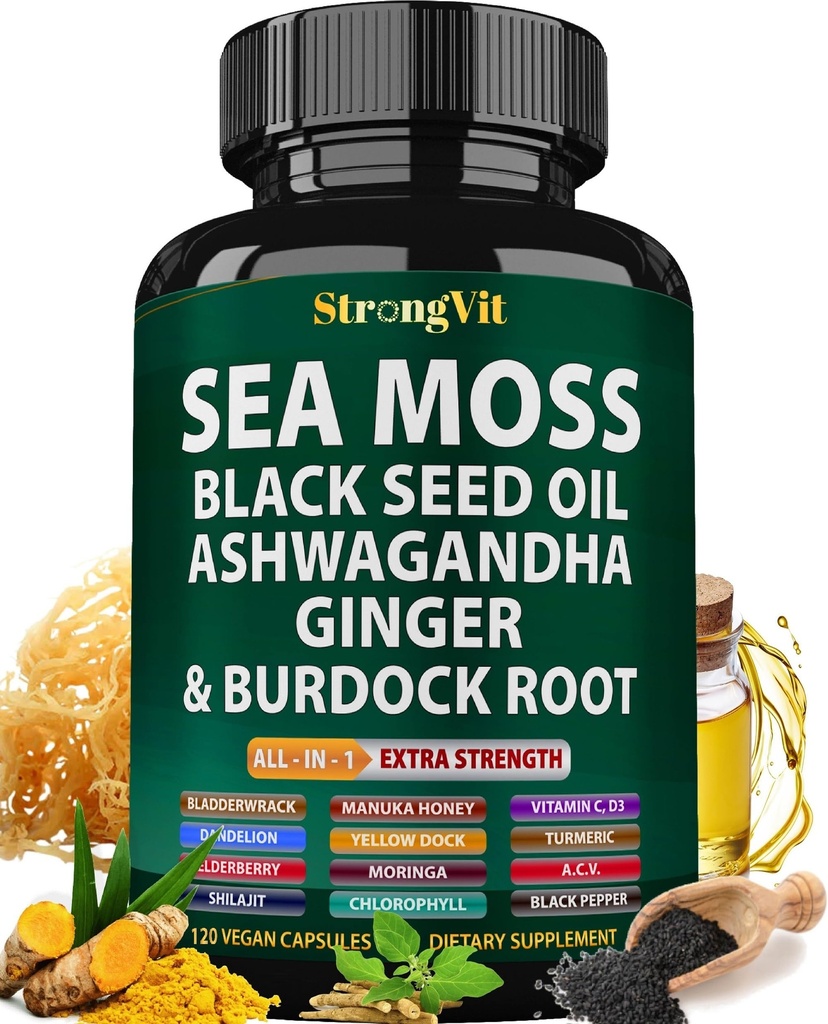 Sea Sammalmust seemne õli Ashwagandha Ingver , Orgaaniline mere sammalkapslid Burdock Root , Iiri Seamoss Pills with Bladderwrack , Turmeric , Shilajit , Multimineral Supplement , USA ( 120 kapslit )